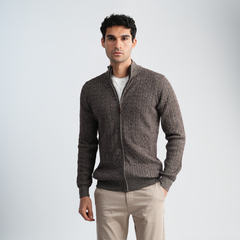 Brown Textured Mock Neck Pullover-MPLJKC-12