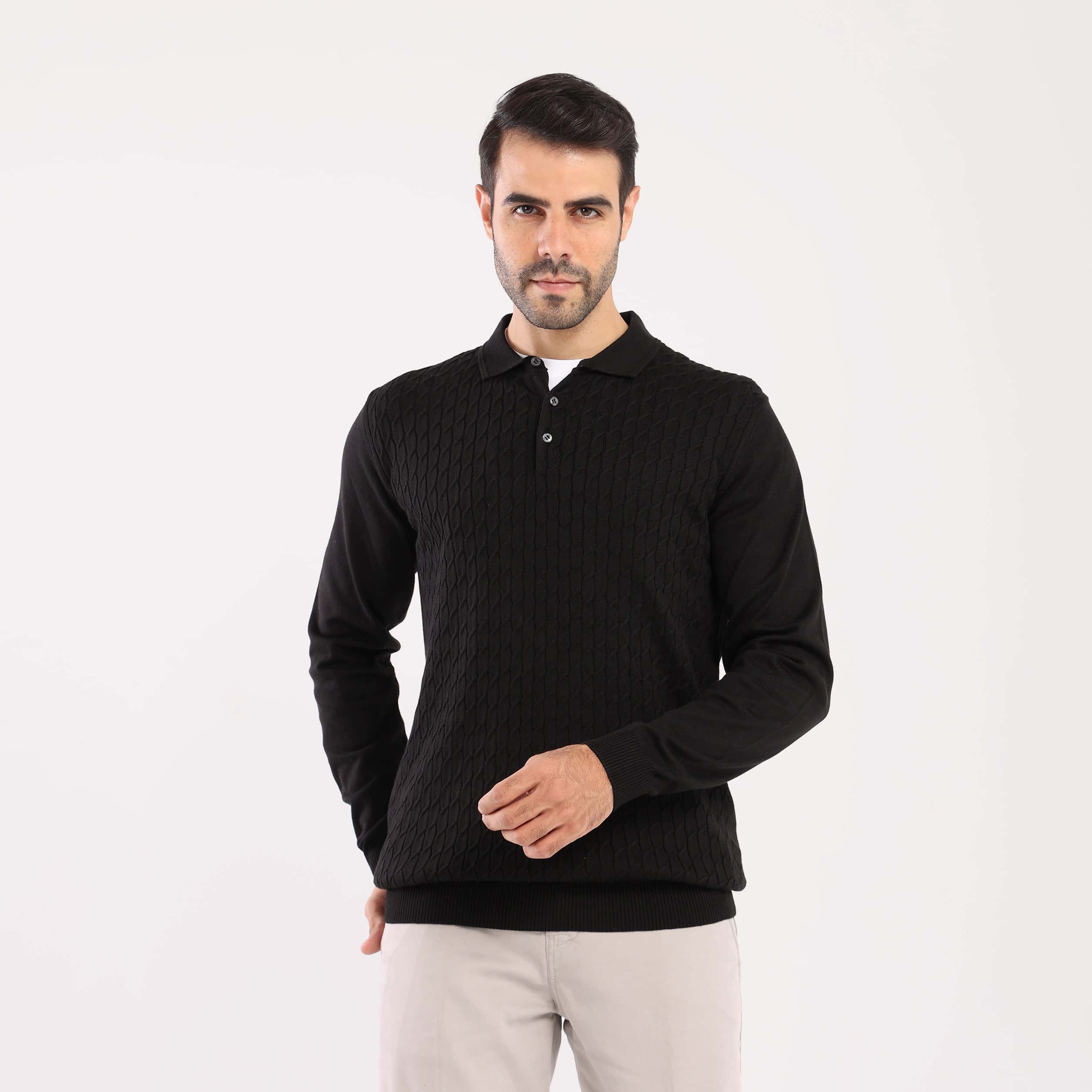 Black Pullover Polo Cable Long Sleeve - MPLBSC-87 - nagahomme