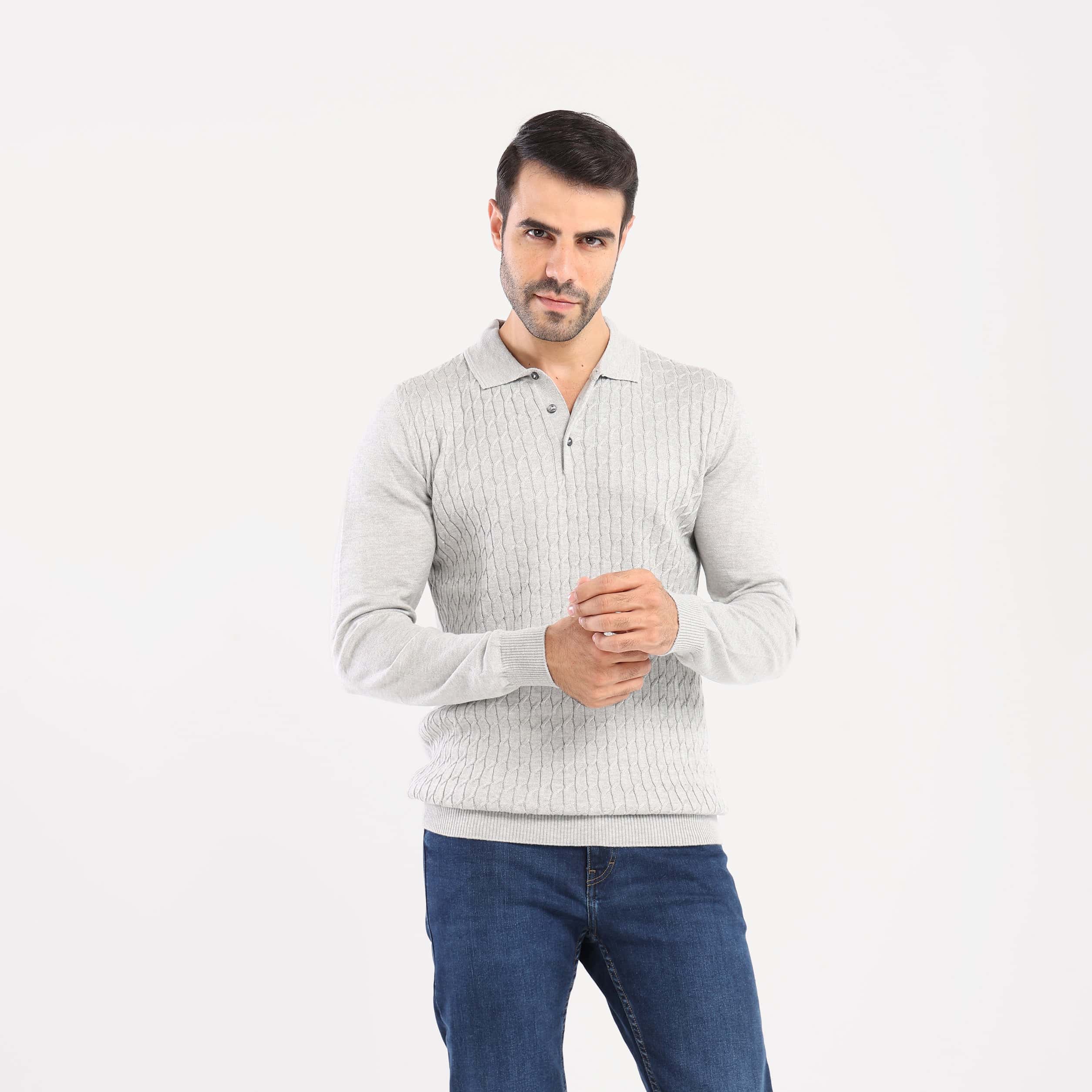 Grey Pullover Polo Cable Long Sleeve - MPLBSC-87 - nagahomme