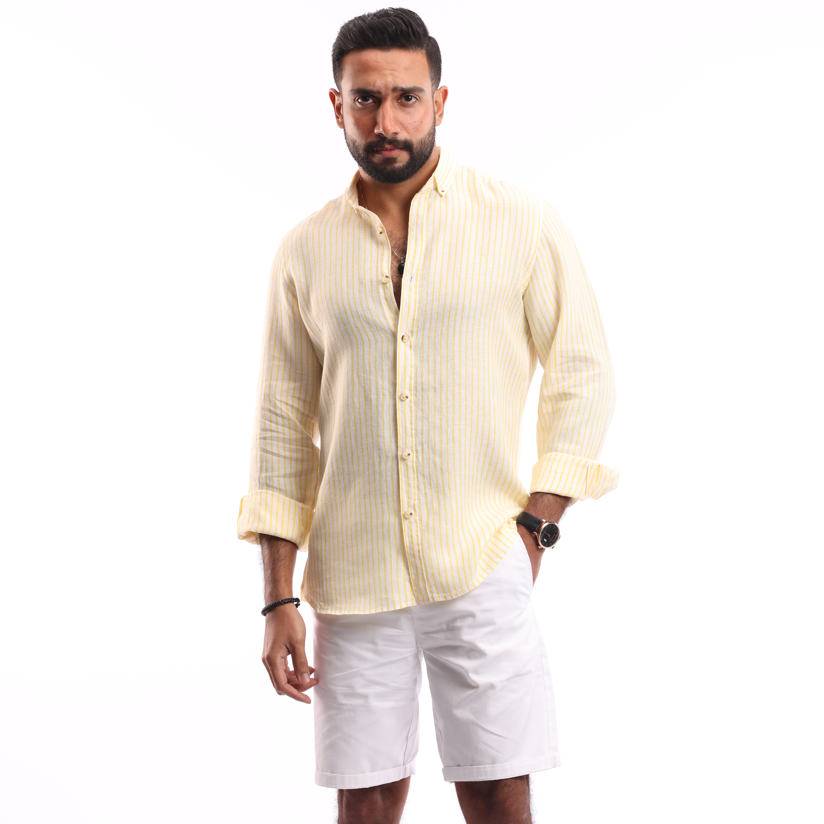 Yellow*White Linen Shirt - MSH644 - nagahomme