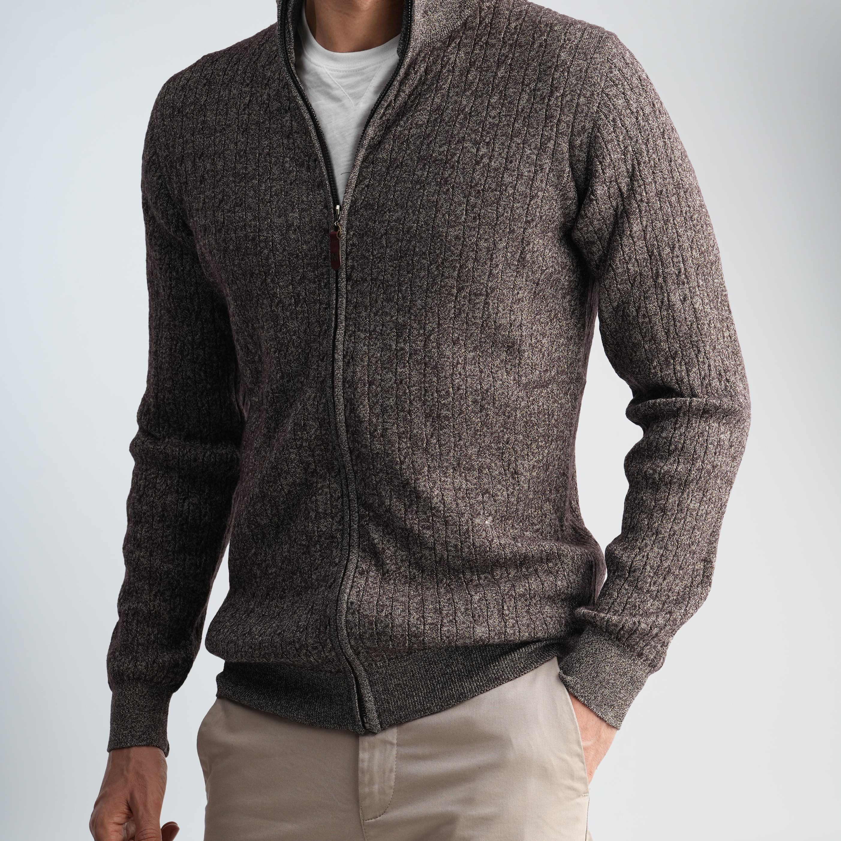 Brown Textured Mock Neck Pullover-MPLJKC-12