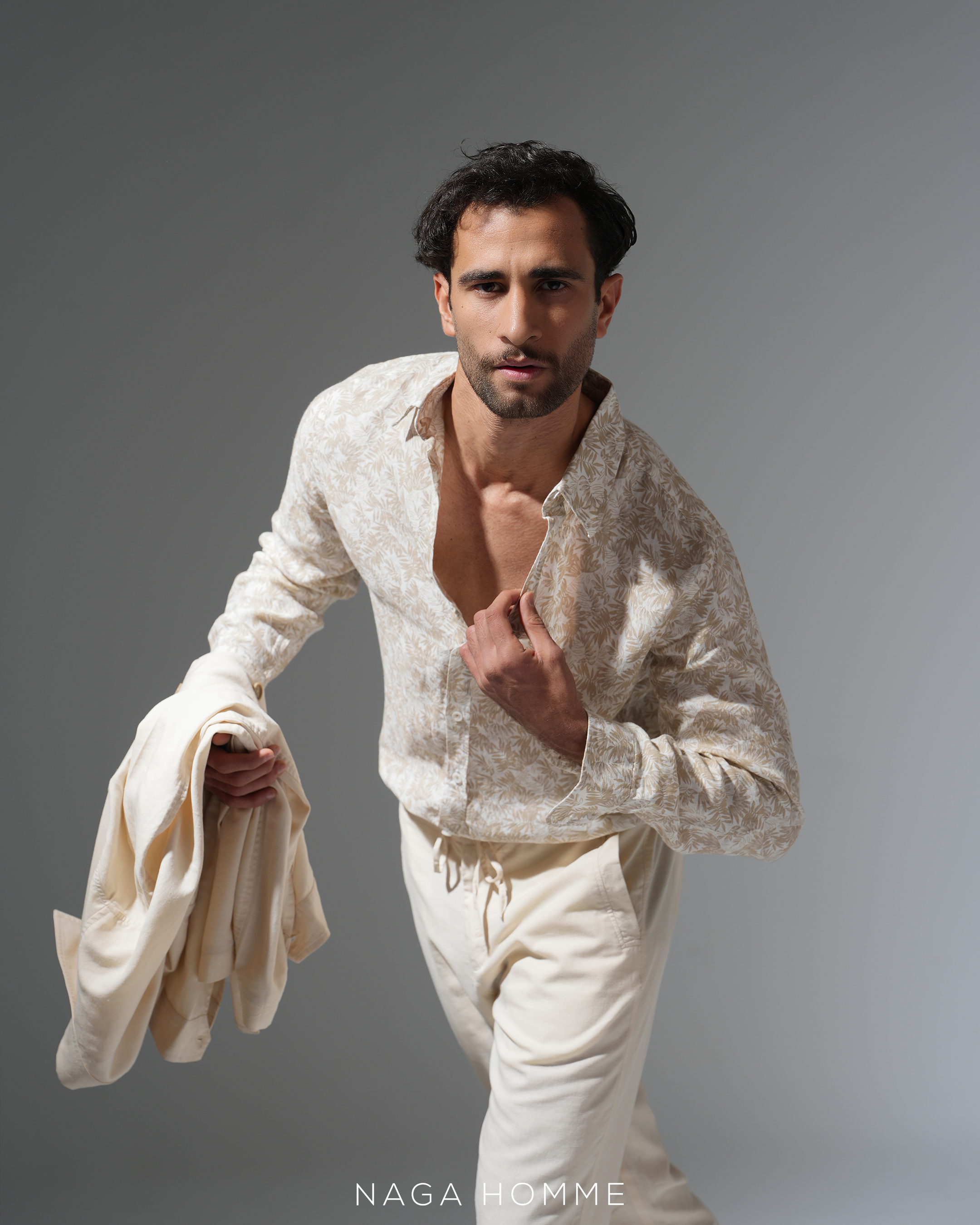 Beige Printed Long Sleeve Shirt (MSH0176) Secondary image