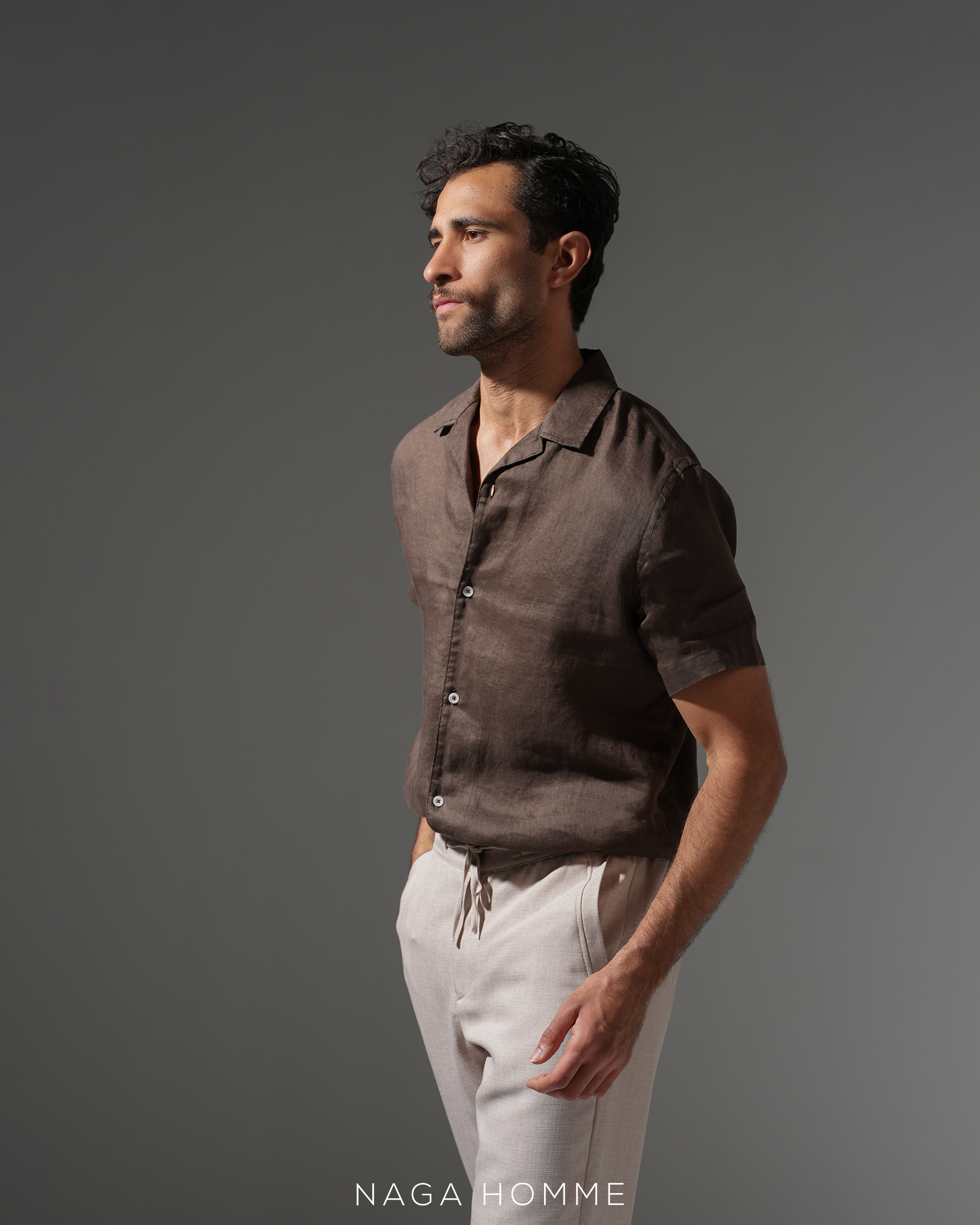 Chocolate Short-Sleeve Linen Shirt(0194) Secondary image