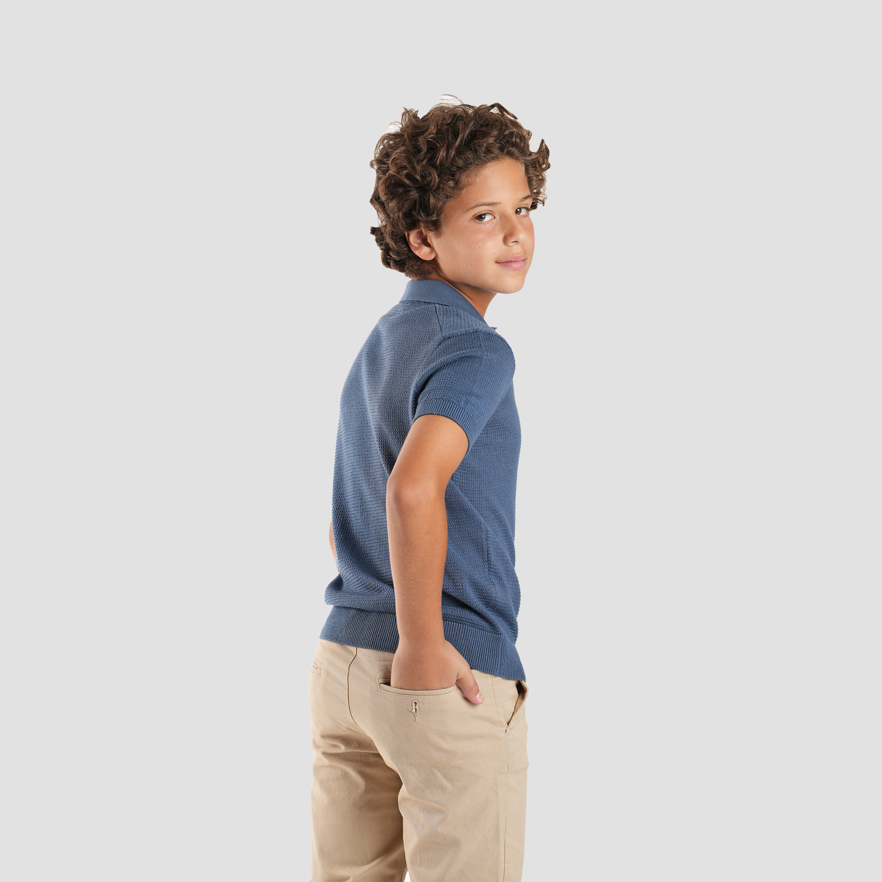 Boys' Blue Textured Polo-BPO-93S