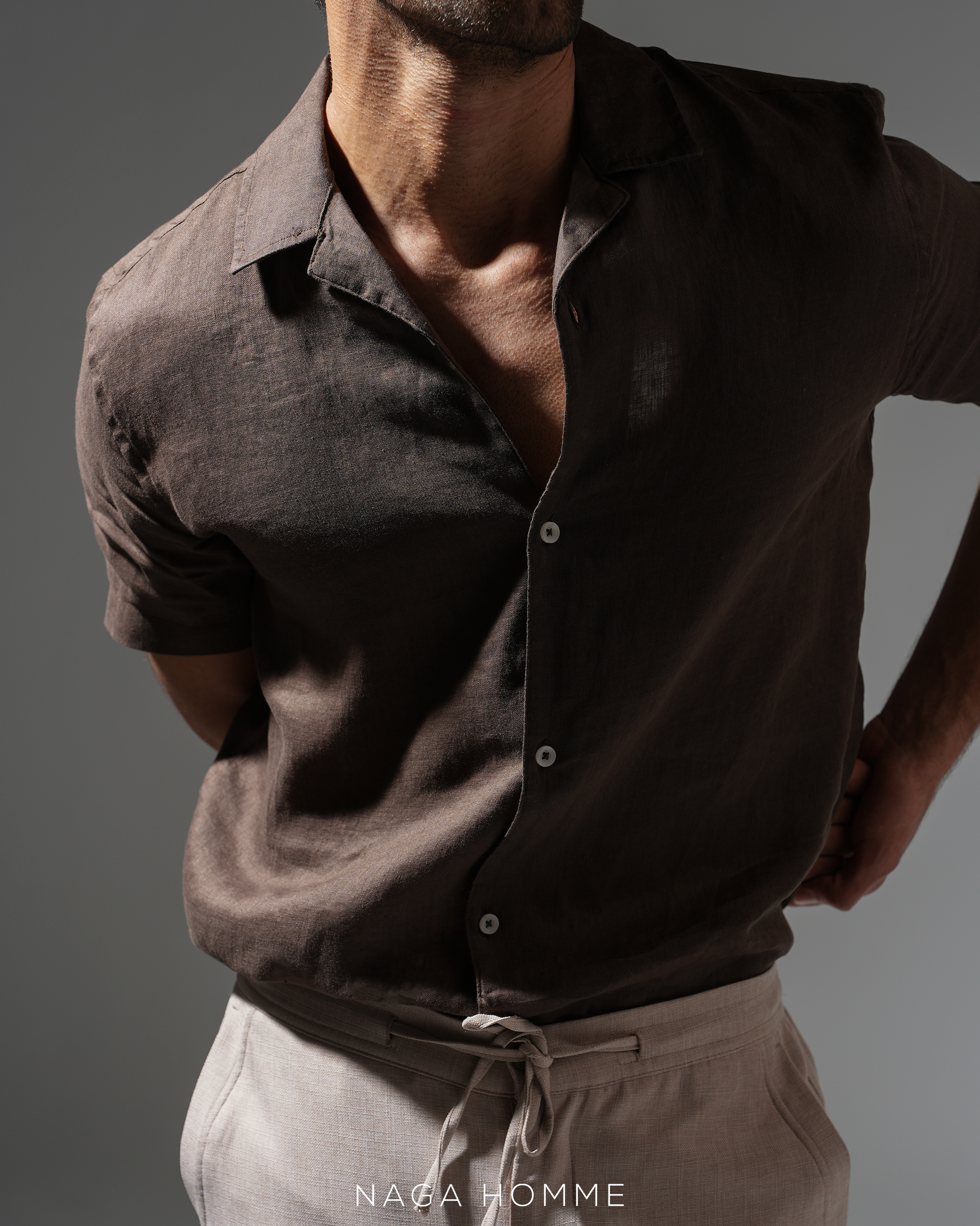 Chocolate Short-Sleeve Linen Shirt(0194)