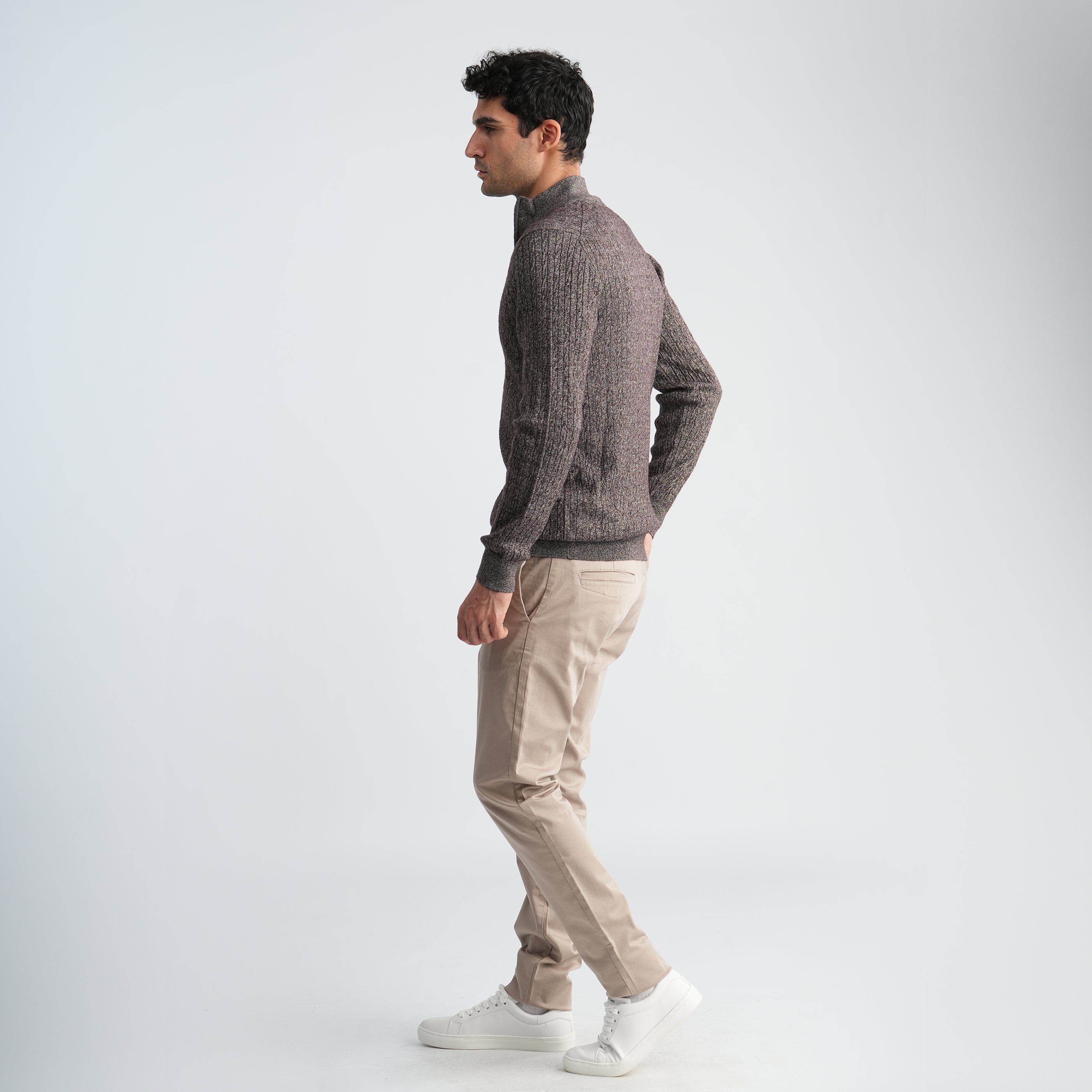 Brown Textured Mock Neck Pullover-MPLJKC-12