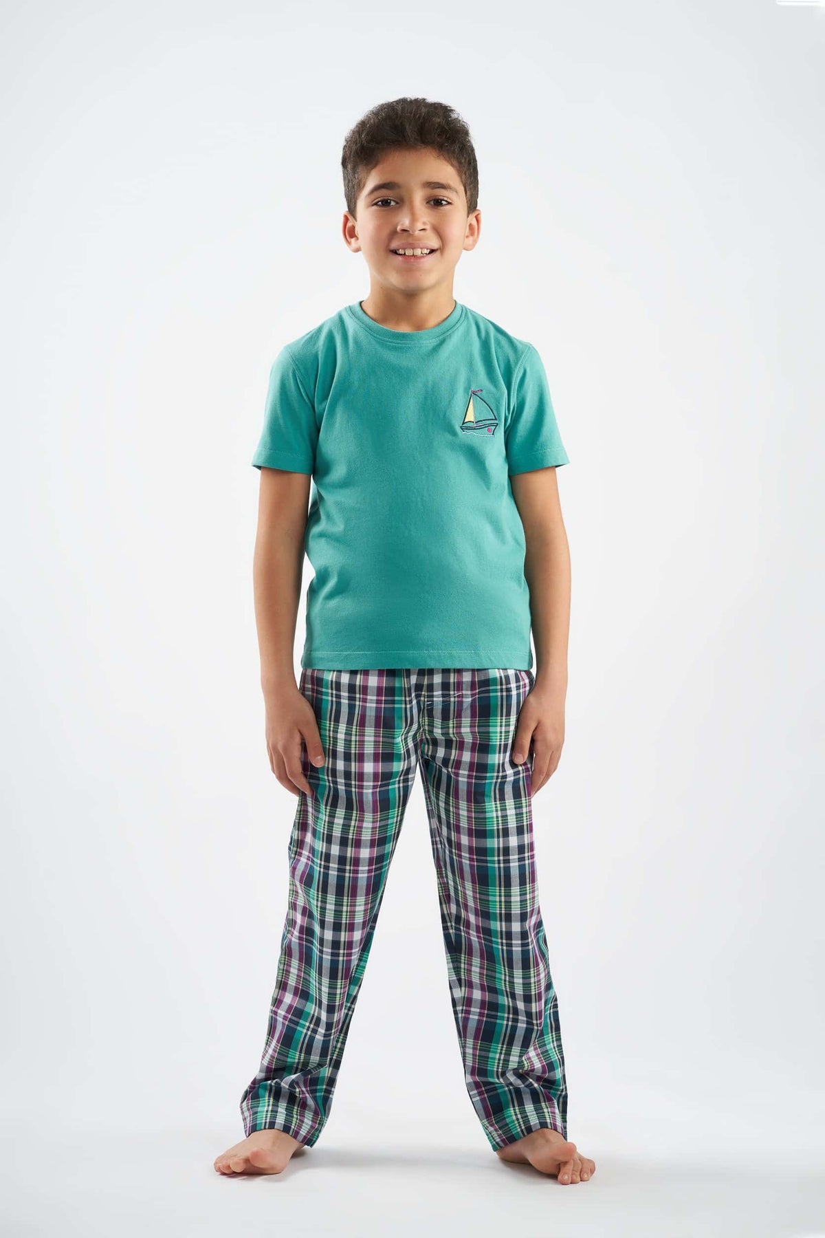 Boys Boat Embroidery Top &Checks pants Pajamas(35)
