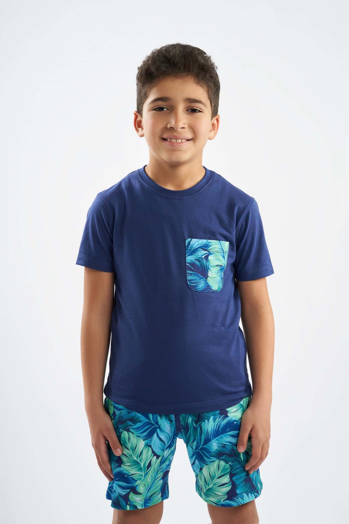 Boys Tropical Print  Top & Solid Short Pajamas(29)