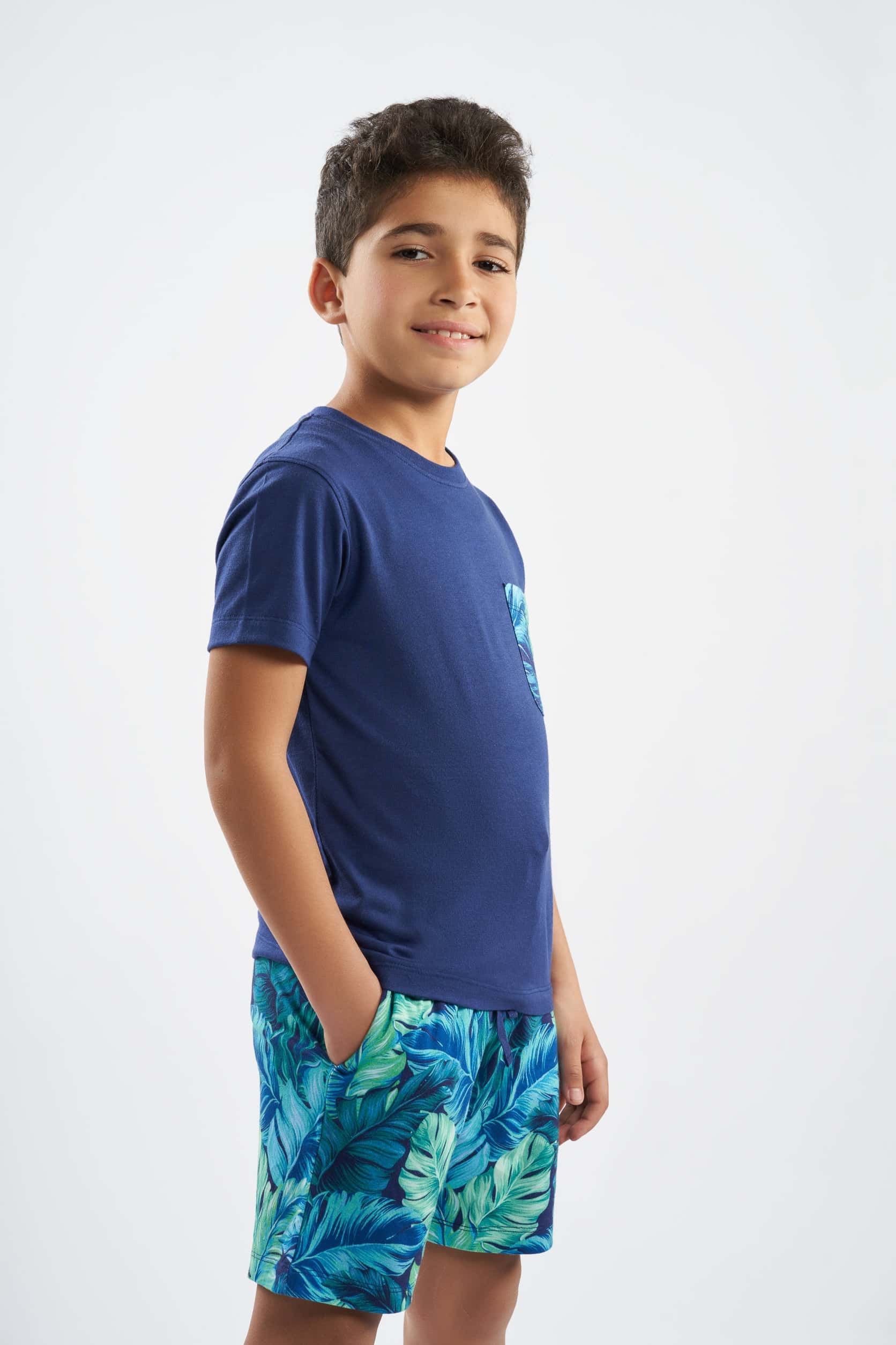 Boys Tropical Print  Top & Solid Short Pajamas(29)