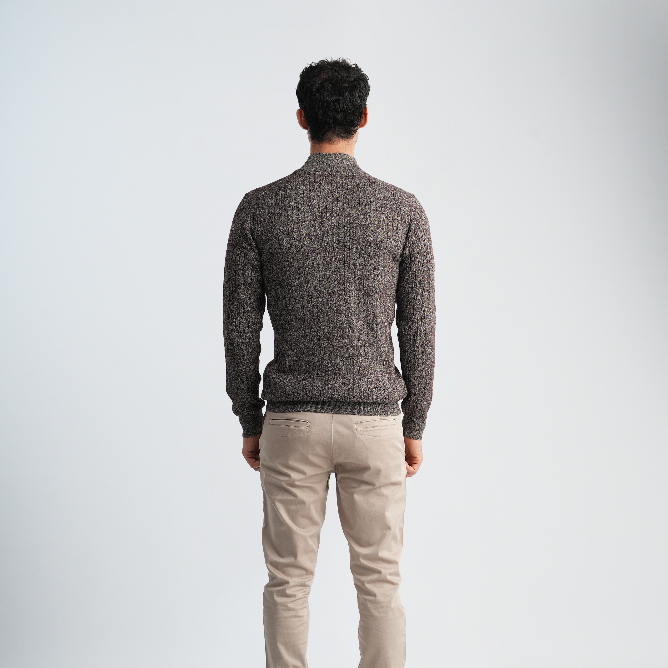 Brown Textured Mock Neck Pullover-MPLJKC-12