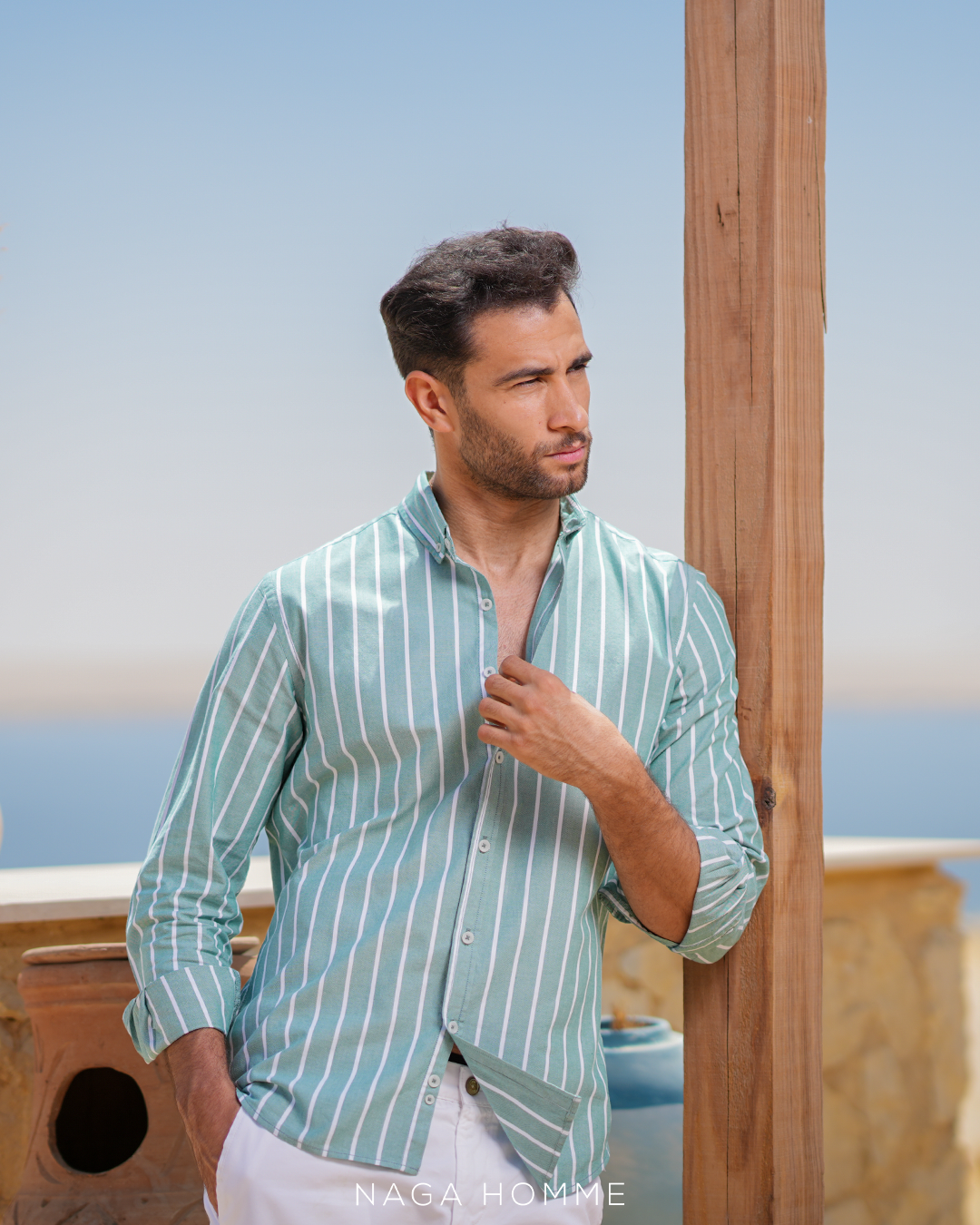 Light Green Striped Casual Shirt (MSH0116) - Naga Homme Main image