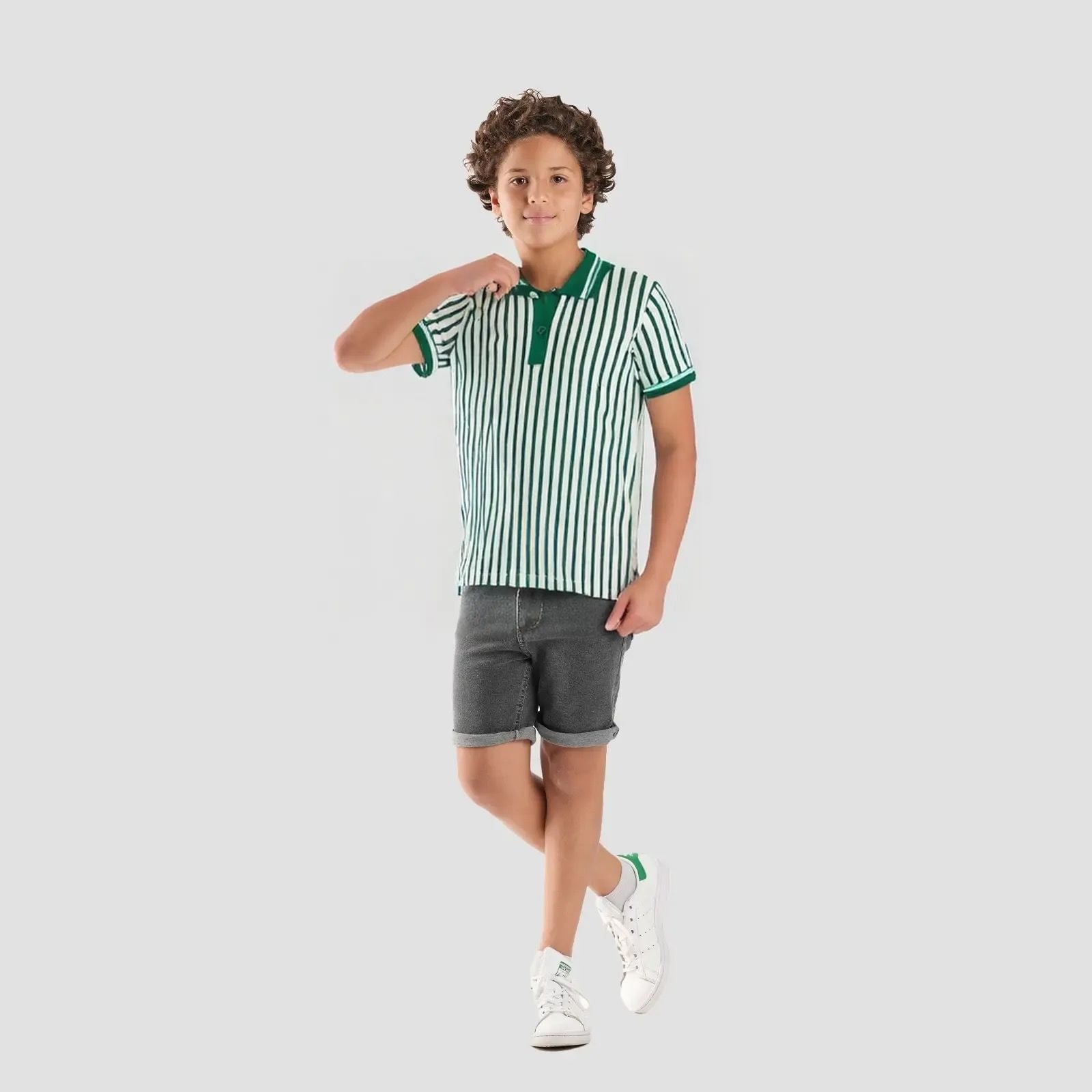 White*Green Stripe Polo Shirt-BPO-89S - Naga Homme