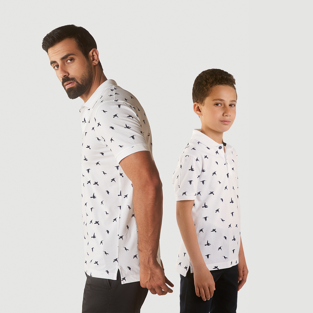 "Birds" Printed White Polo T-Shirt