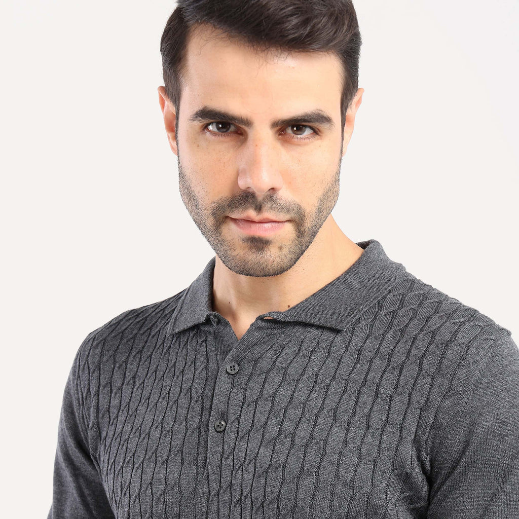 Charcoal chanee Pullover Polo Cable Long Sleeve - MPLBSC-87 - nagahomme