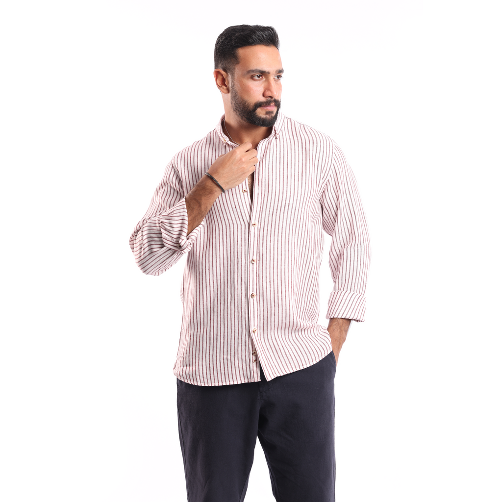 Dark Red*white Linen Shirt - MSH644 - nagahomme