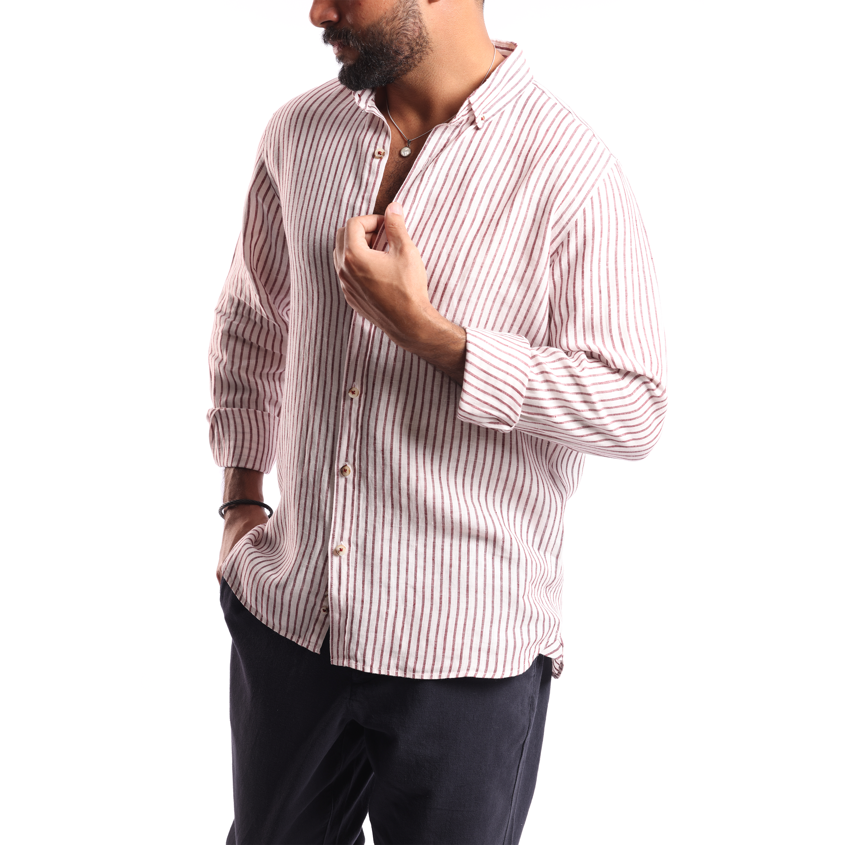 Dark Red*white Linen Shirt - MSH644 - nagahomme