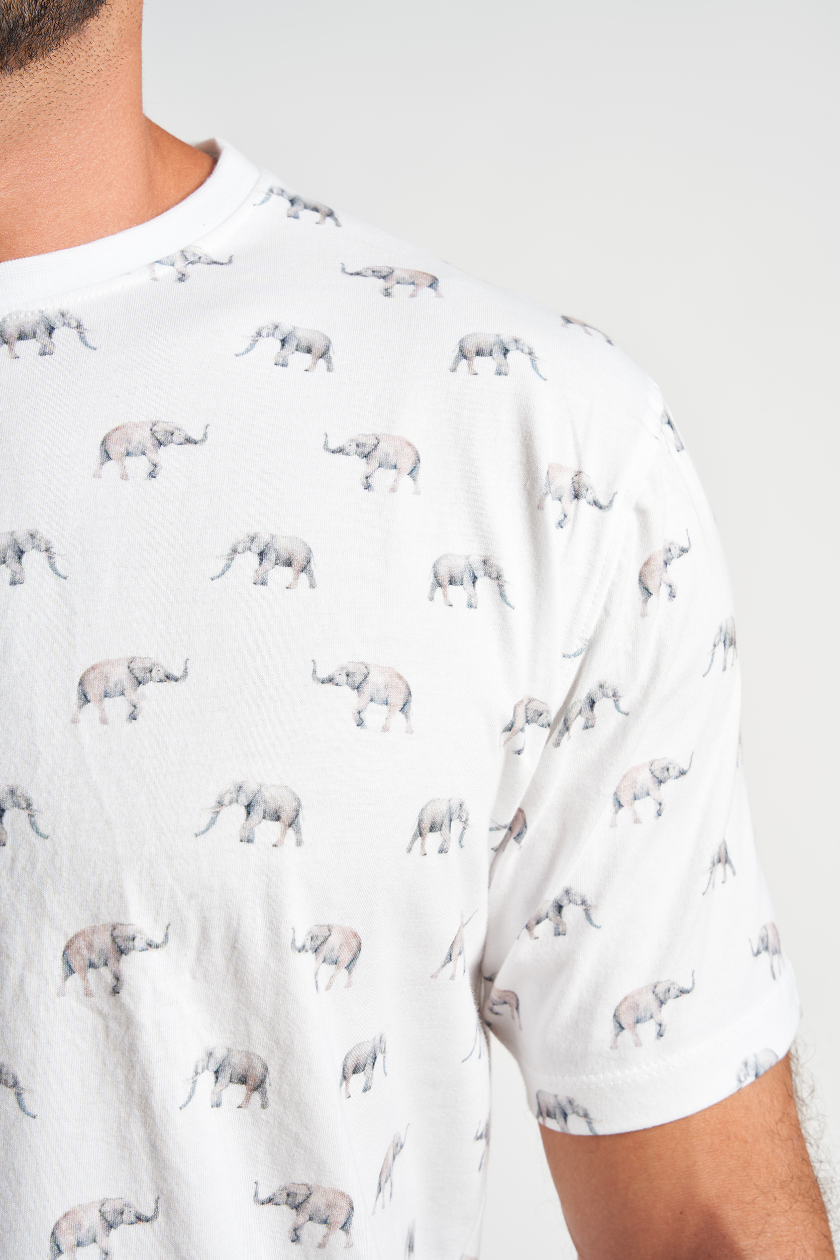 Pajamas - "Elephant" Printed White Top & Solid Grey Short
