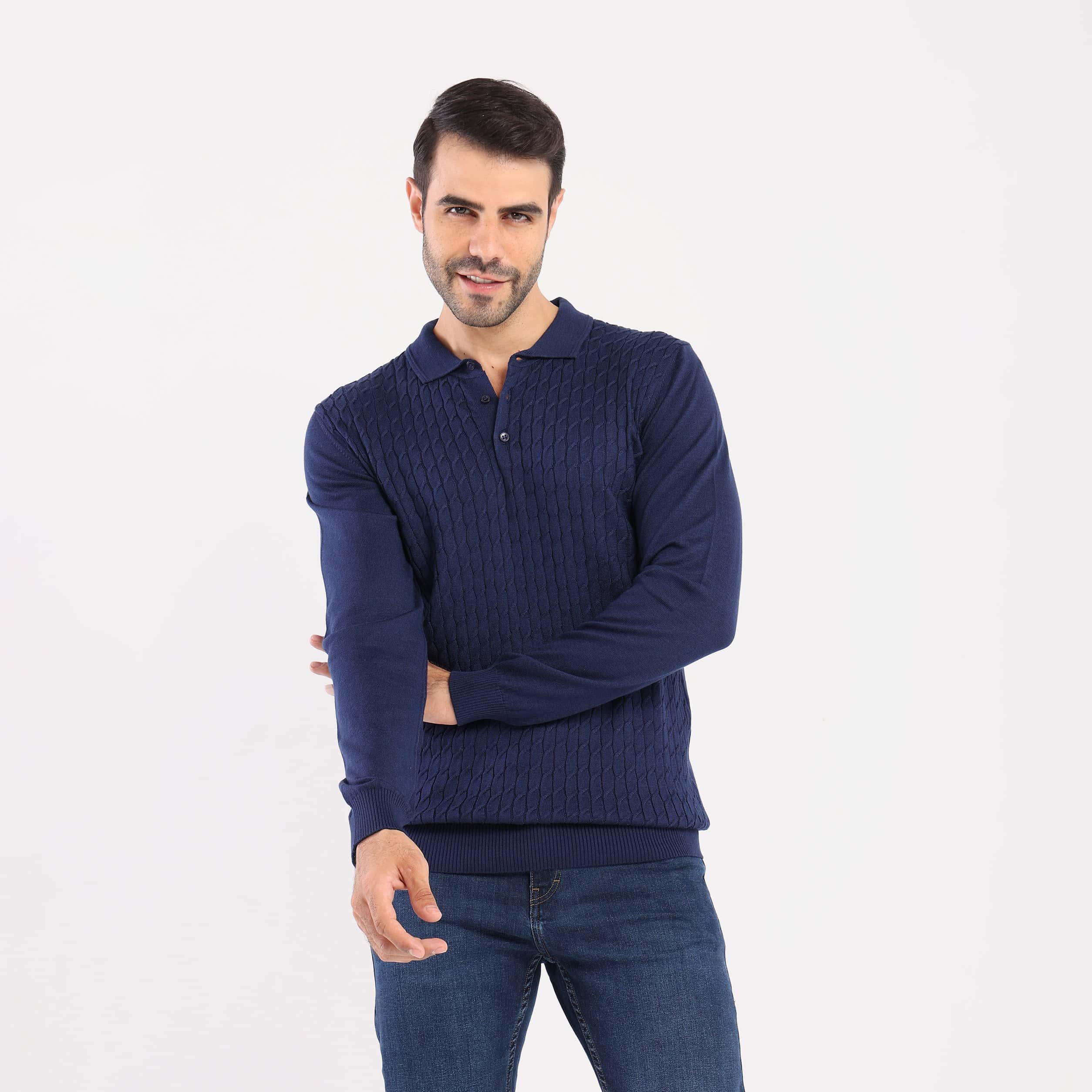 Navy Pullover Polo Cable Long Sleeve - MPLBSC-87 - nagahomme Main image