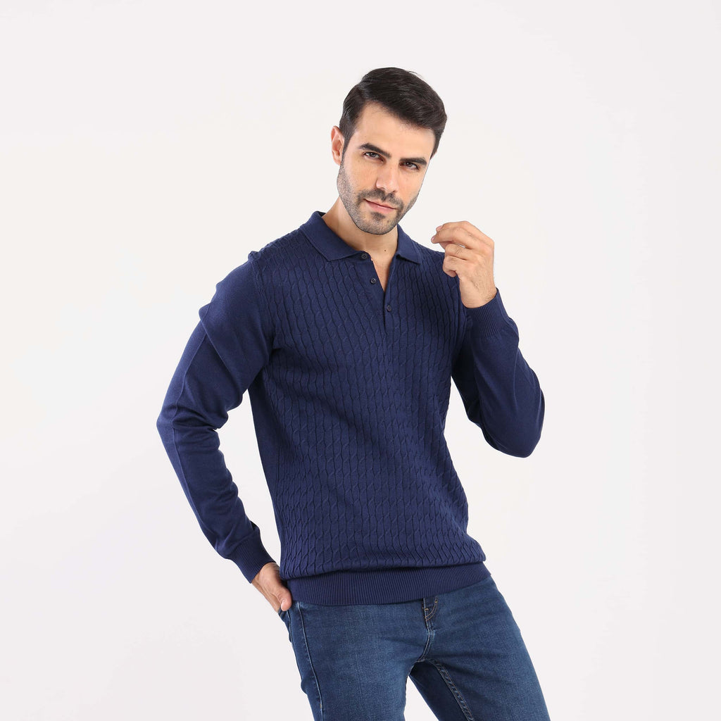 Navy Pullover Polo Cable Long Sleeve - MPLBSC-87 - nagahomme