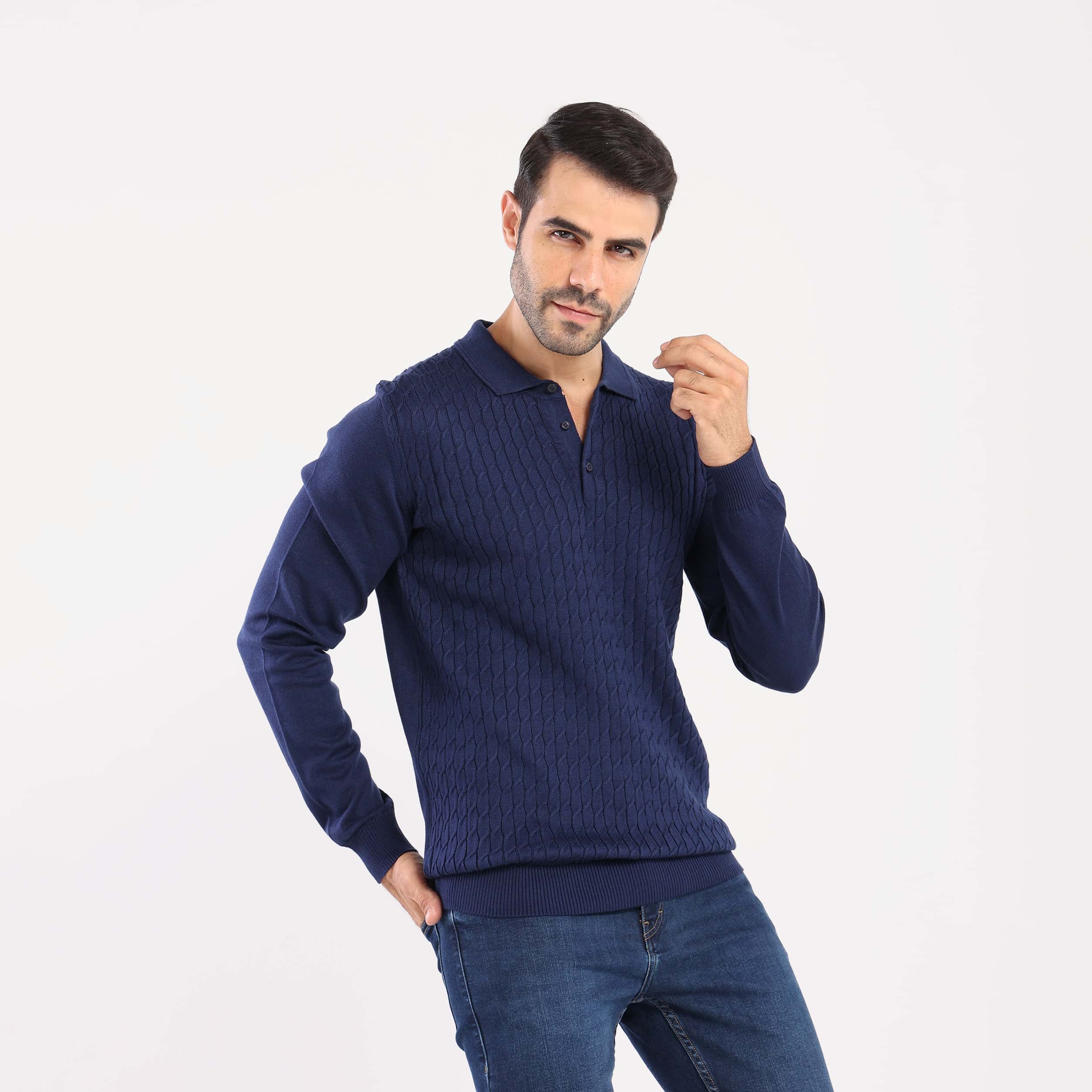 Navy Pullover Polo Cable Long Sleeve - MPLBSC-87 - nagahomme