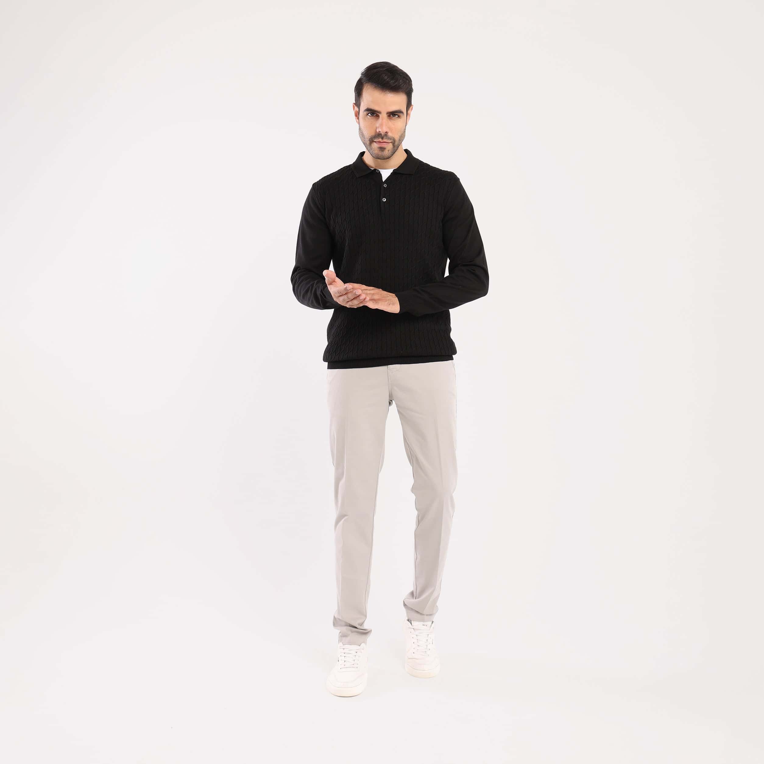 Black Pullover Polo Cable Long Sleeve - MPLBSC-87 - nagahomme