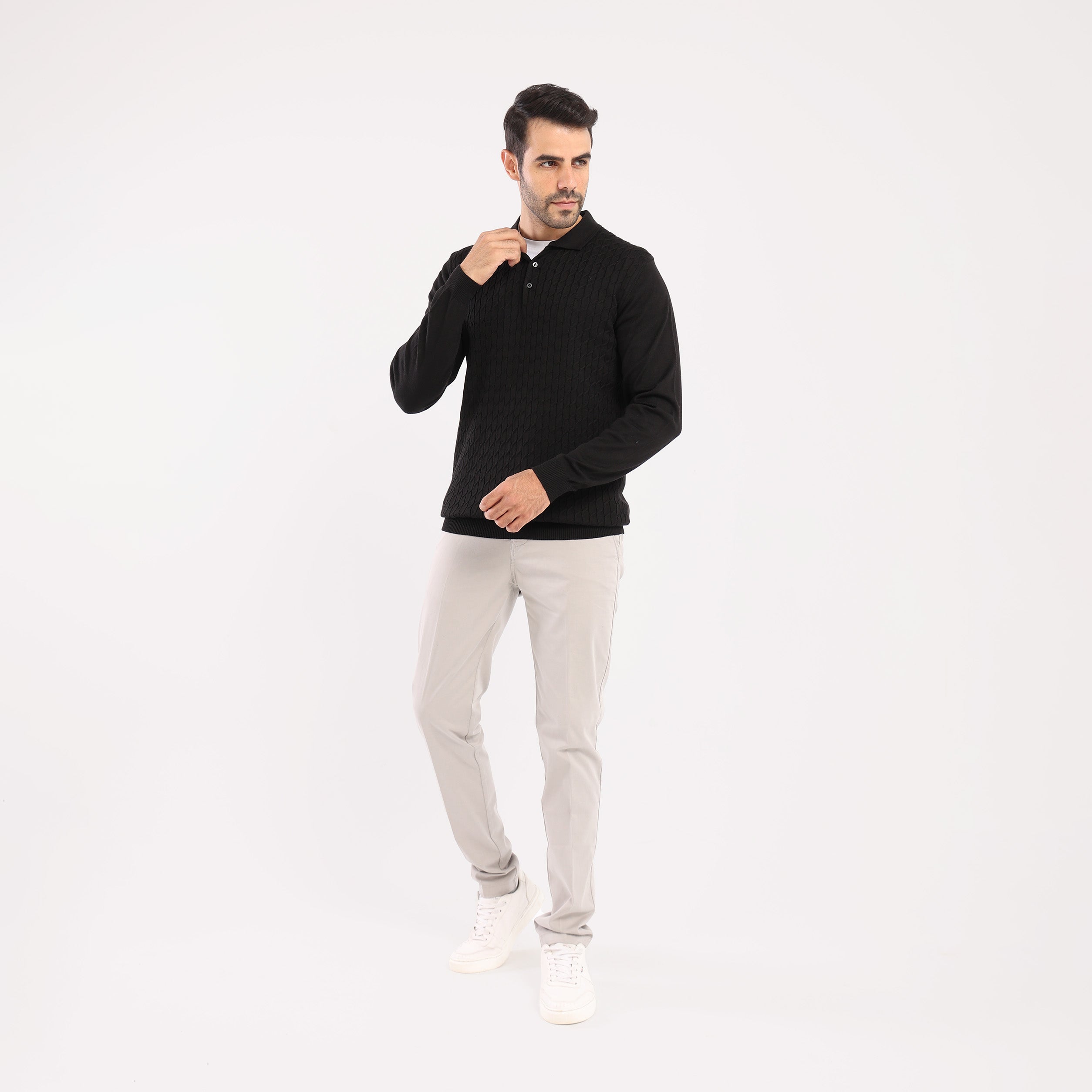 Black Pullover Polo Cable Long Sleeve - MPLBSC-87