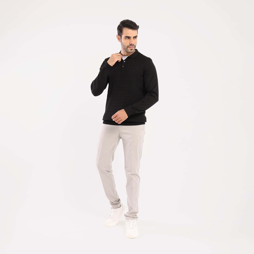 Black Pullover Polo Cable Long Sleeve - MPLBSC-87 - nagahomme