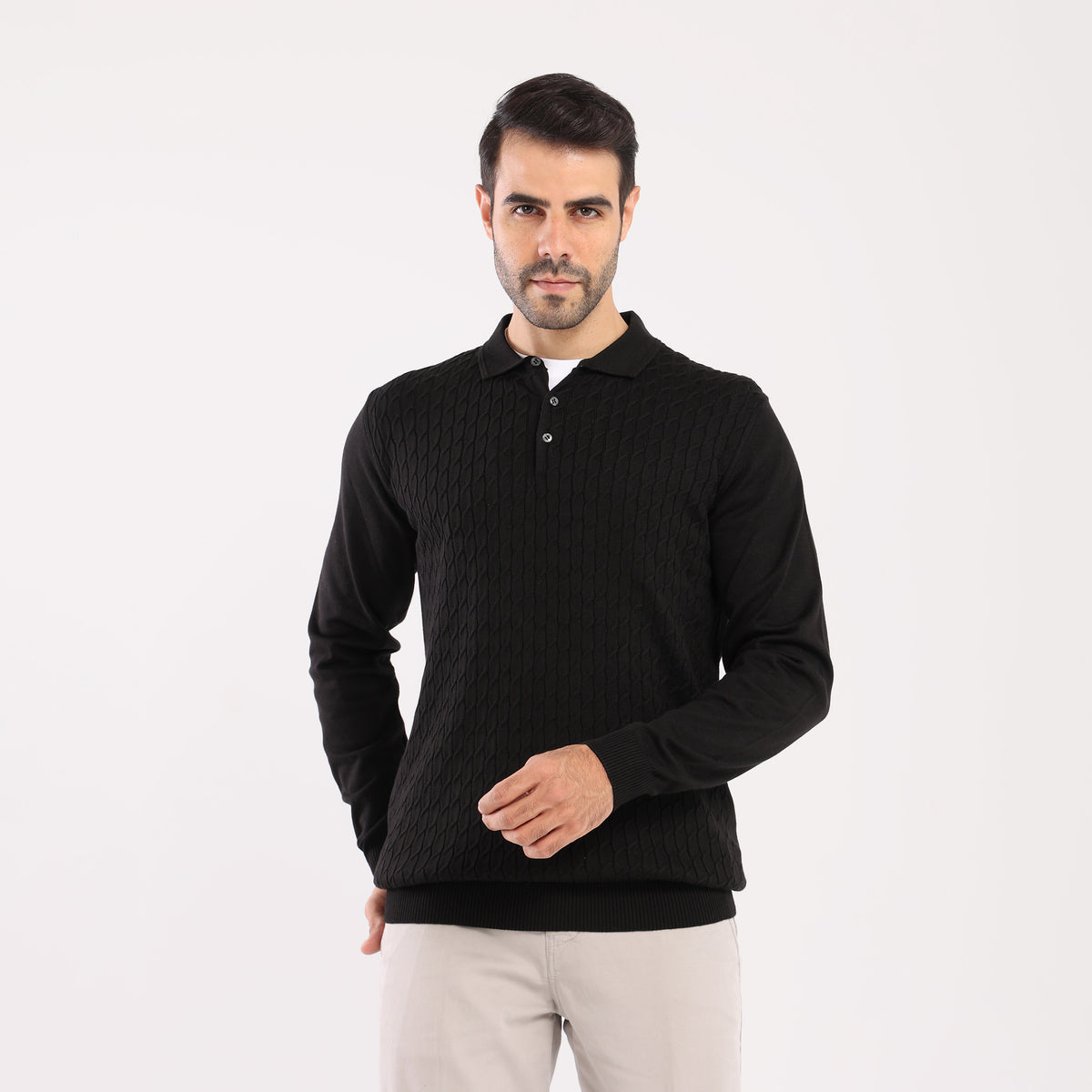 Black Pullover Polo Cable Long Sleeve - MPLBSC-87