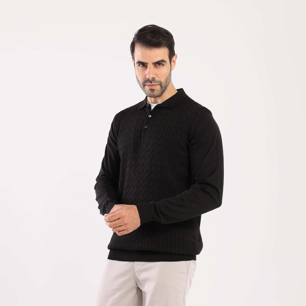 Black Pullover Polo Cable Long Sleeve - MPLBSC-87 - nagahomme