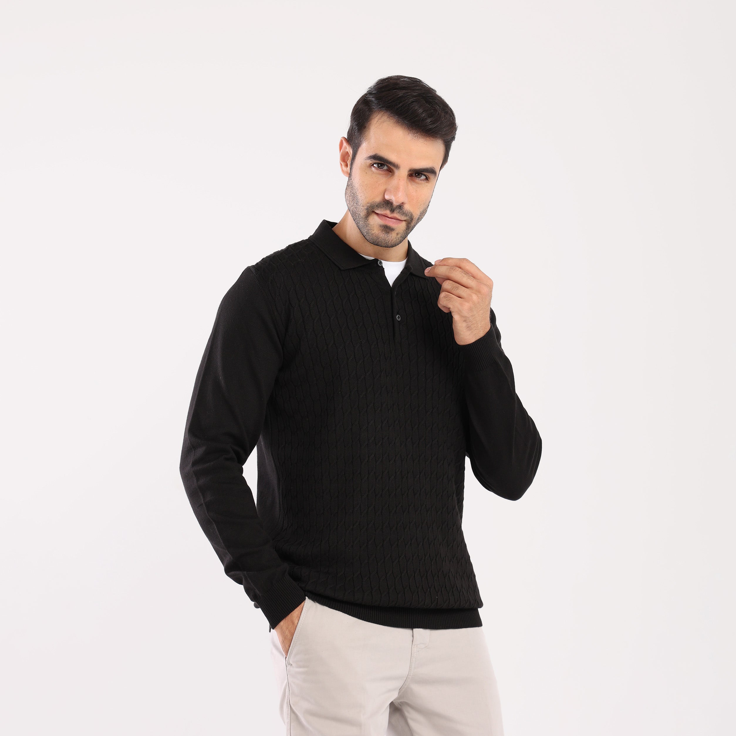 Black Pullover Polo Cable Long Sleeve - MPLBSC-87