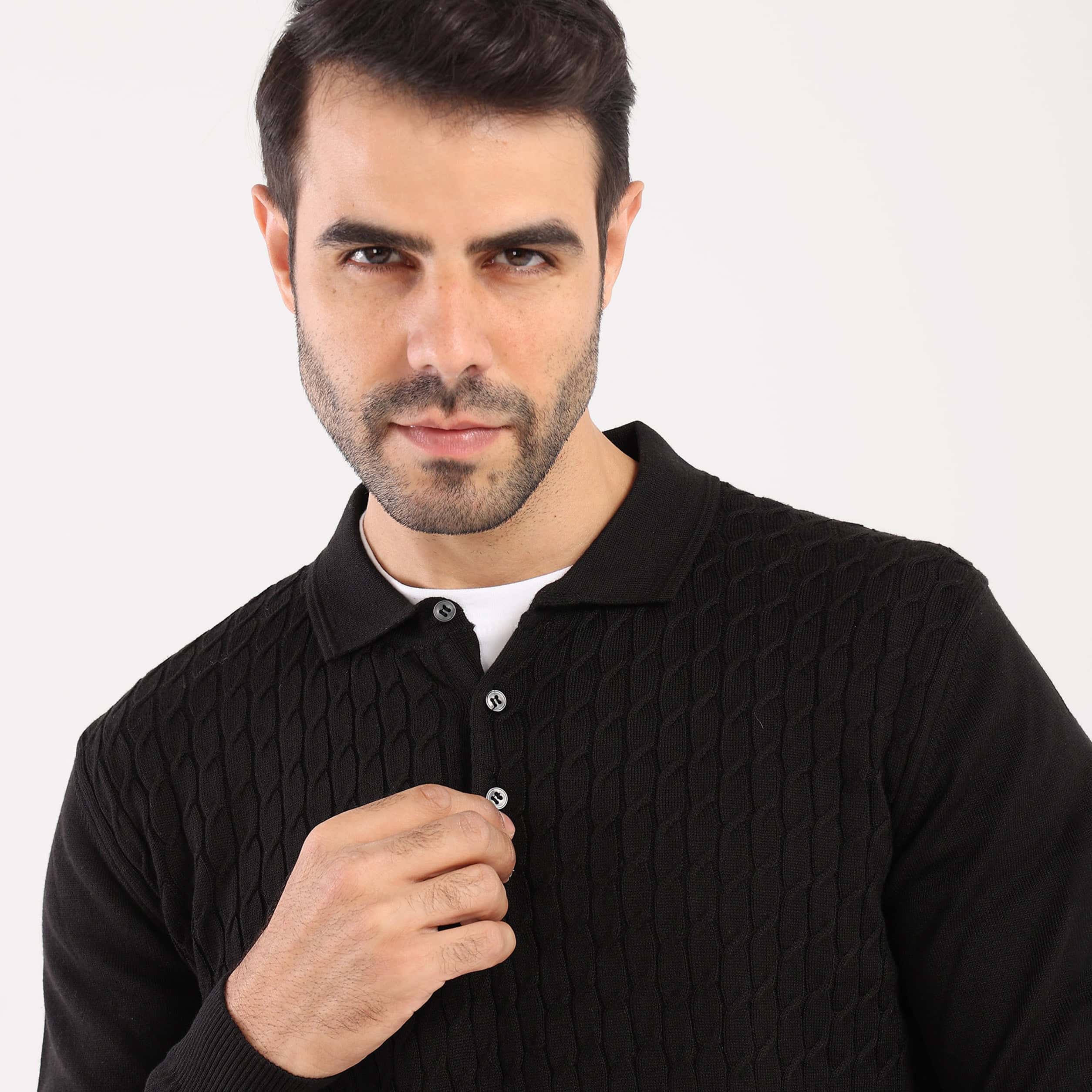 Black Pullover Polo Cable Long Sleeve - MPLBSC-87 - nagahomme