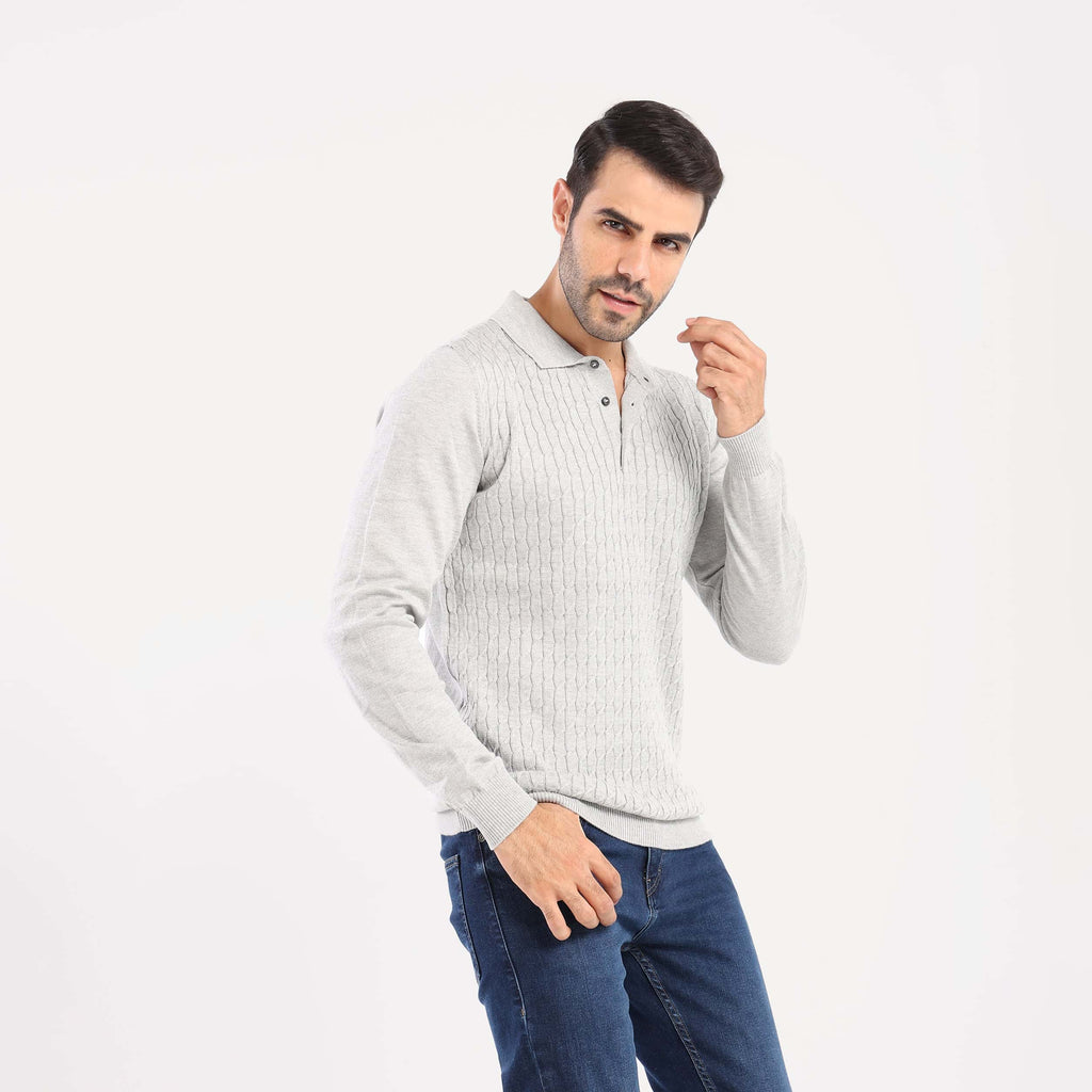 Grey Pullover Polo Cable Long Sleeve - MPLBSC-87 - nagahomme