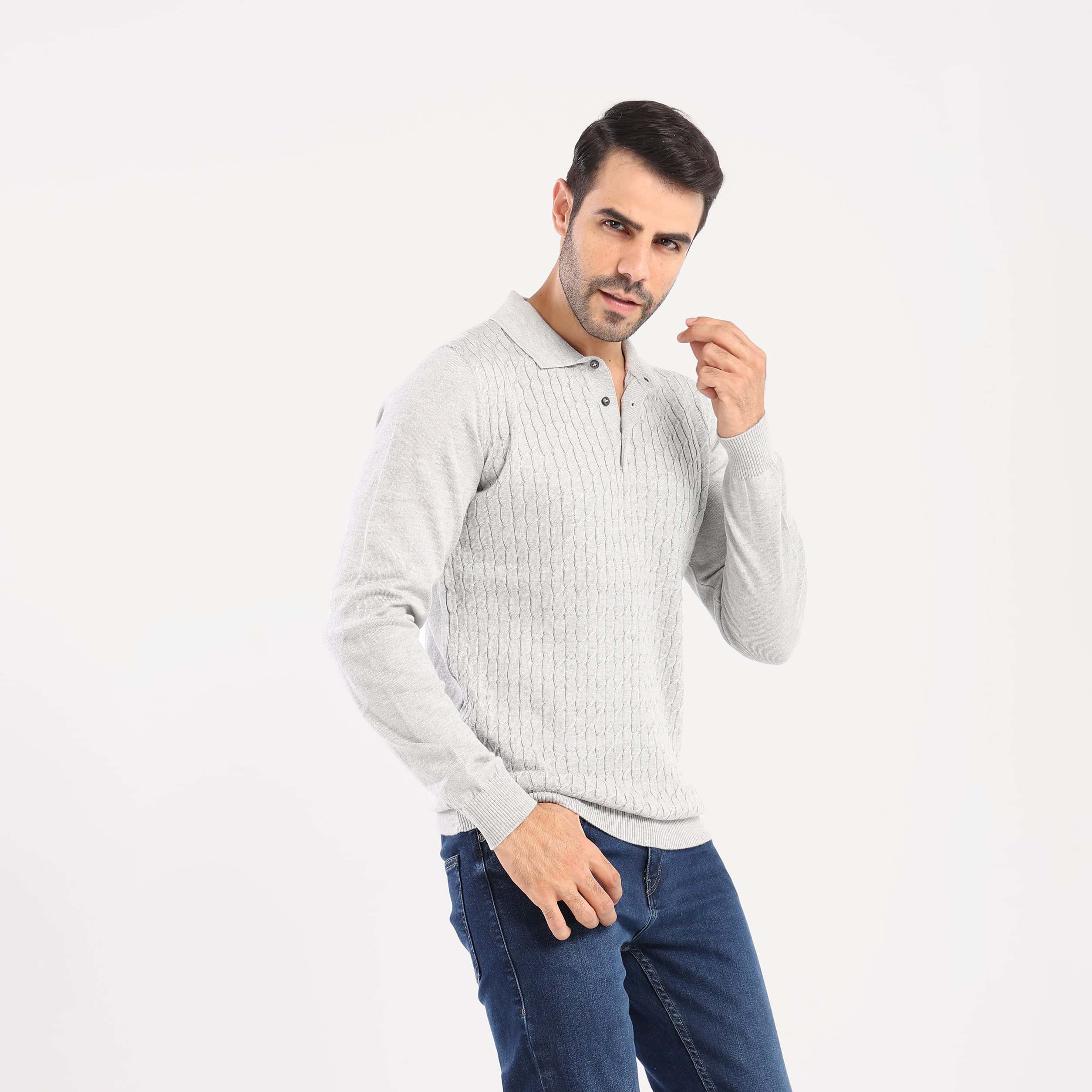 Grey Pullover Polo Cable Long Sleeve - MPLBSC-87 - nagahomme