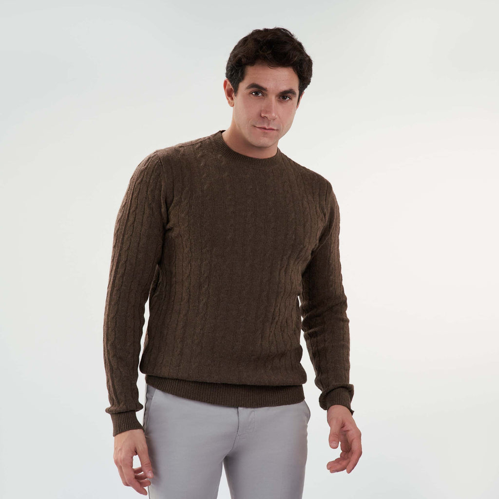 Brown Pullover Round Neck Cables(23) - nagahomme