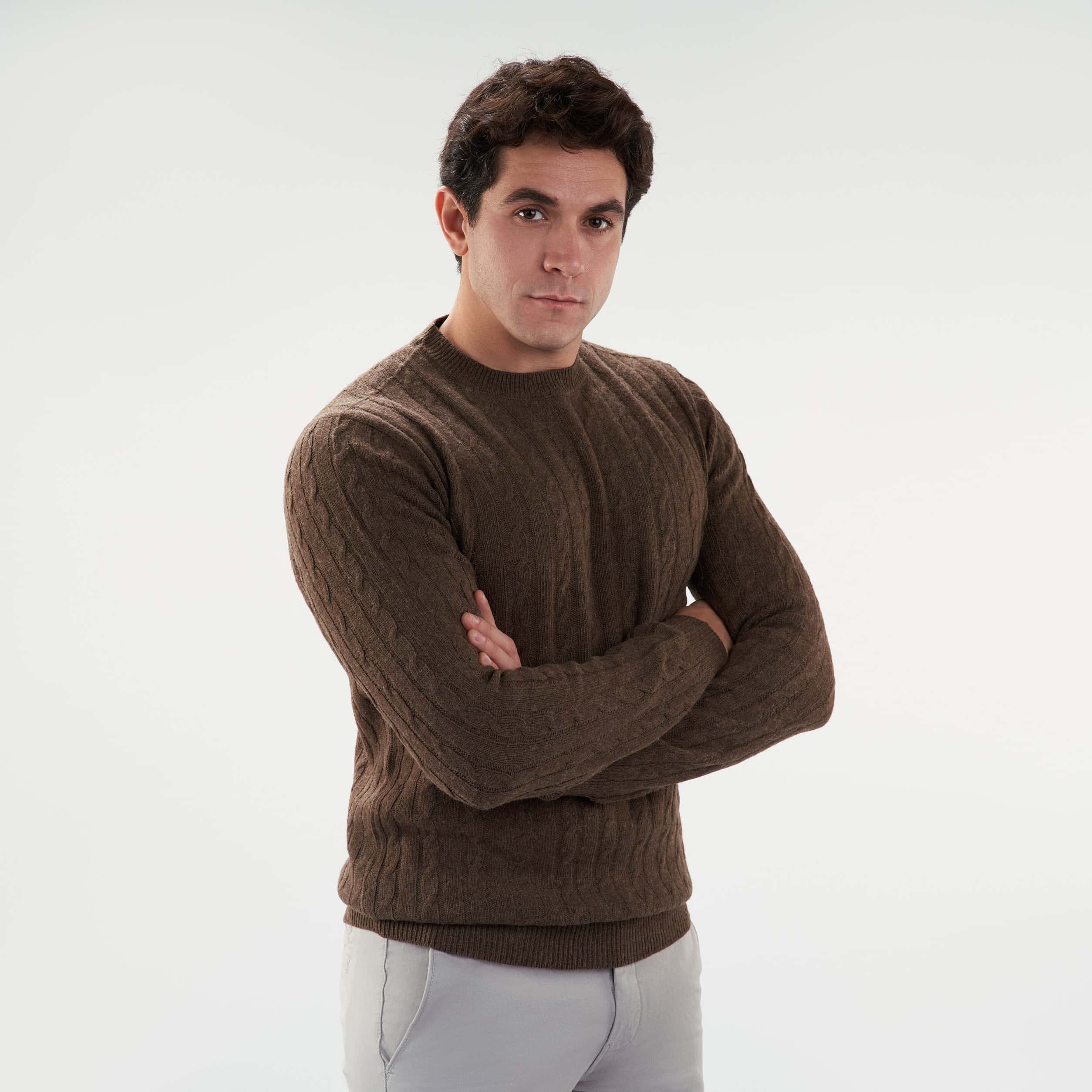 Brown Pullover Round Neck Cables(23) - nagahomme
