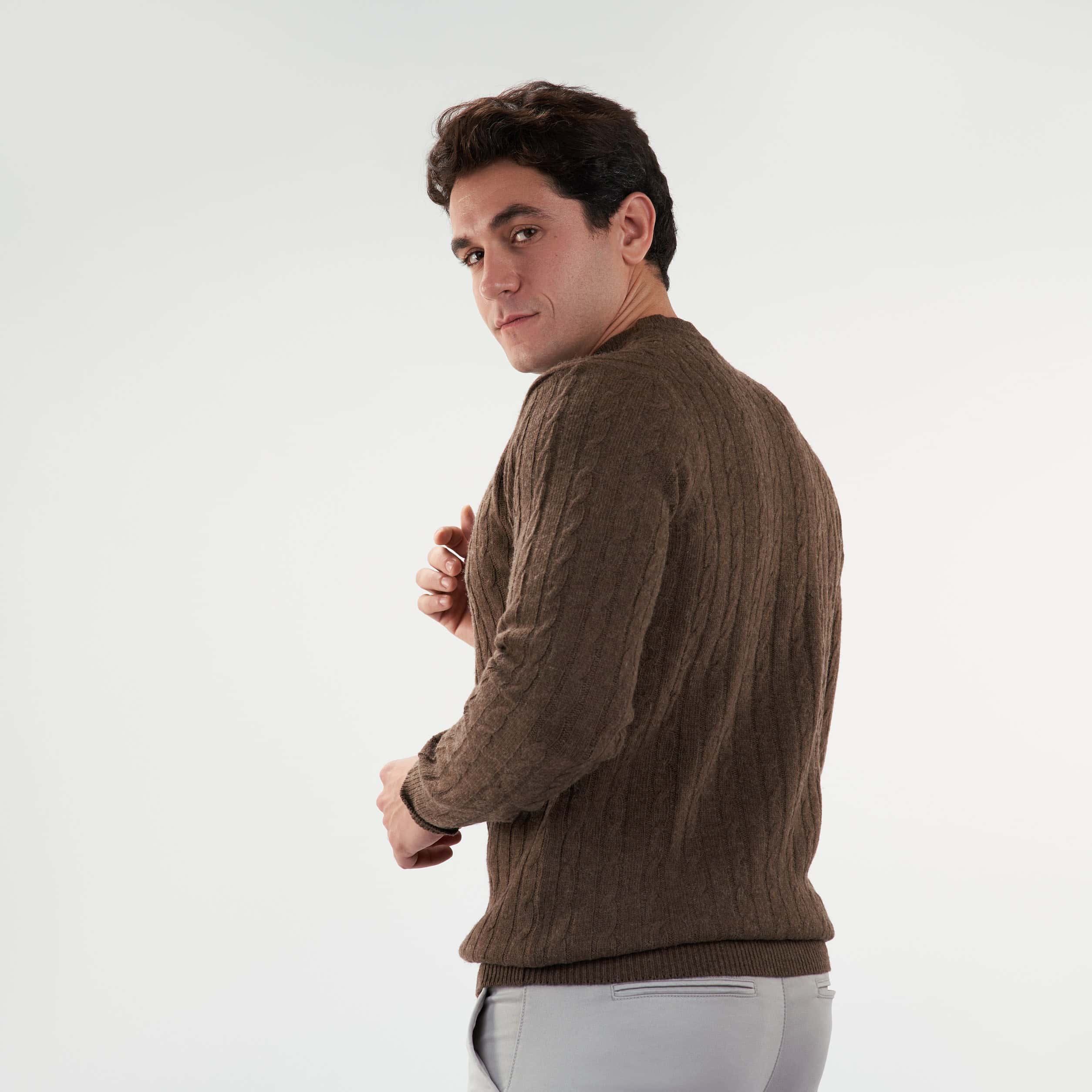 Brown Pullover Round Neck Cables(23) - nagahomme