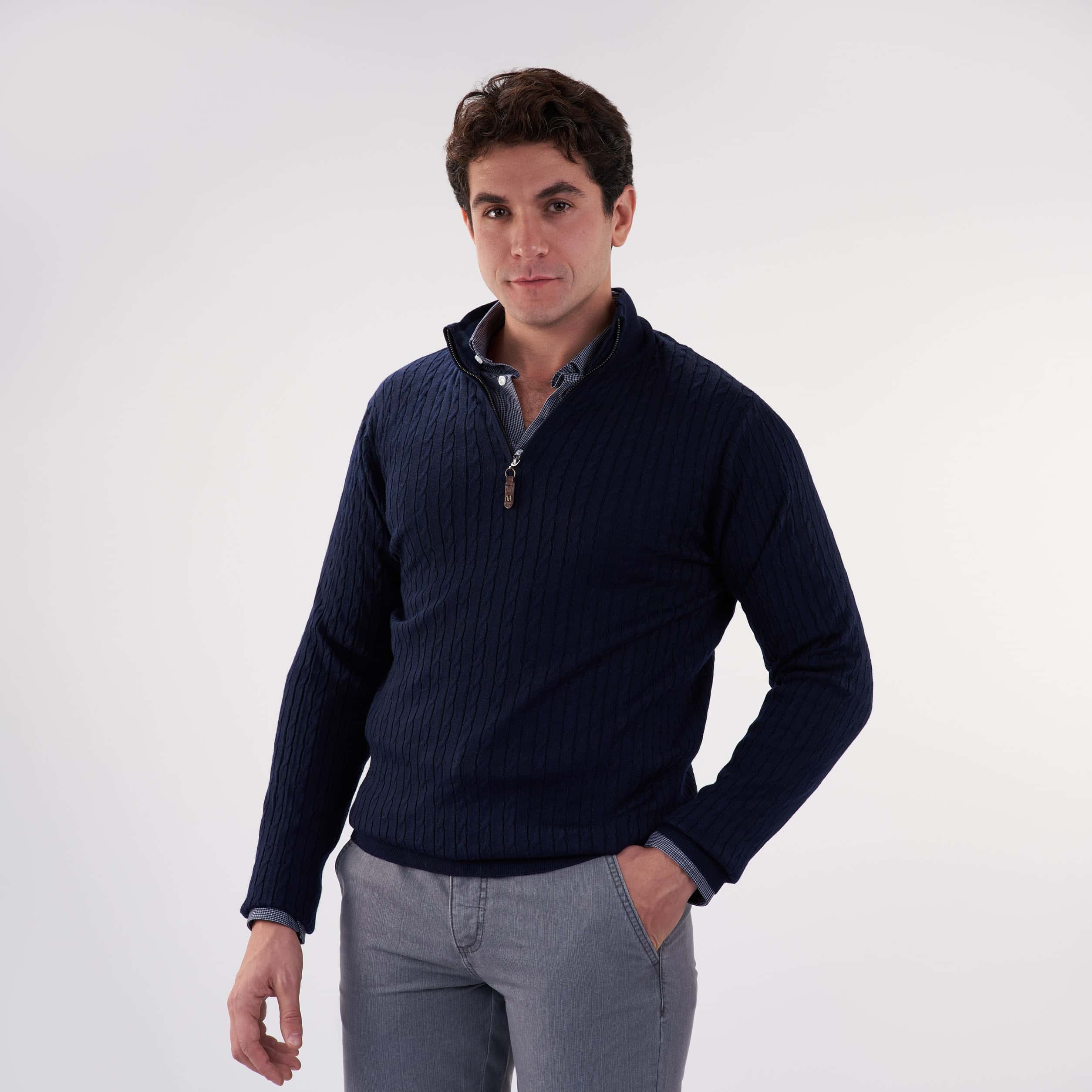 Navy Pullover Mock Neck Cable(24) - nagahomme
