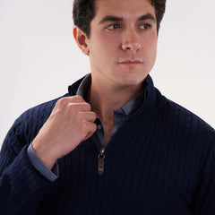 Navy Pullover Mock Neck Cable(24) - nagahomme