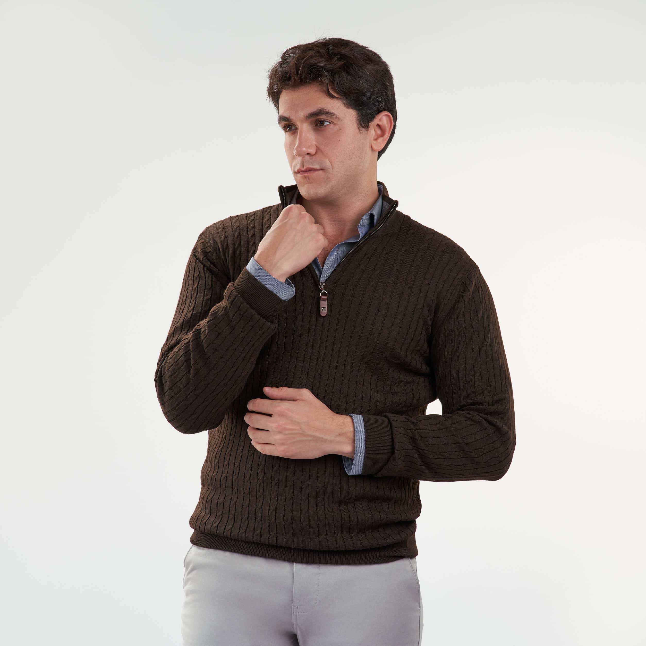 Brown Pullover Mock Neck Cable(24) - nagahomme