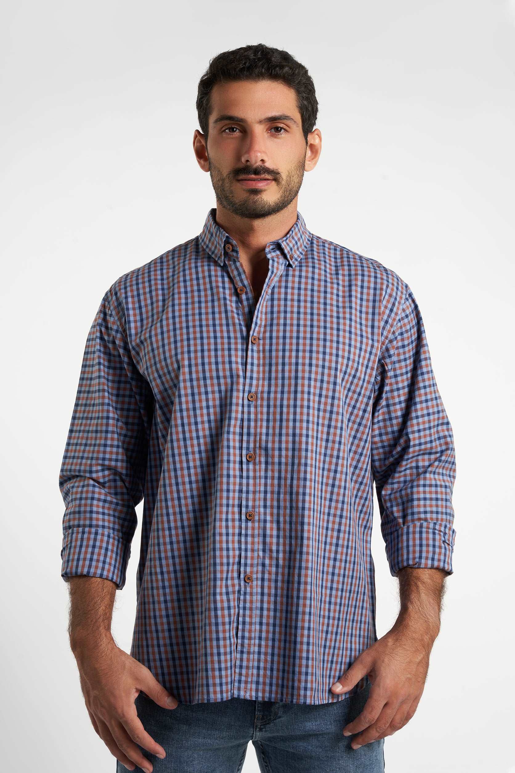 Dark Blue - Brown Checks Long Sleeve Cotton Shirt(566)